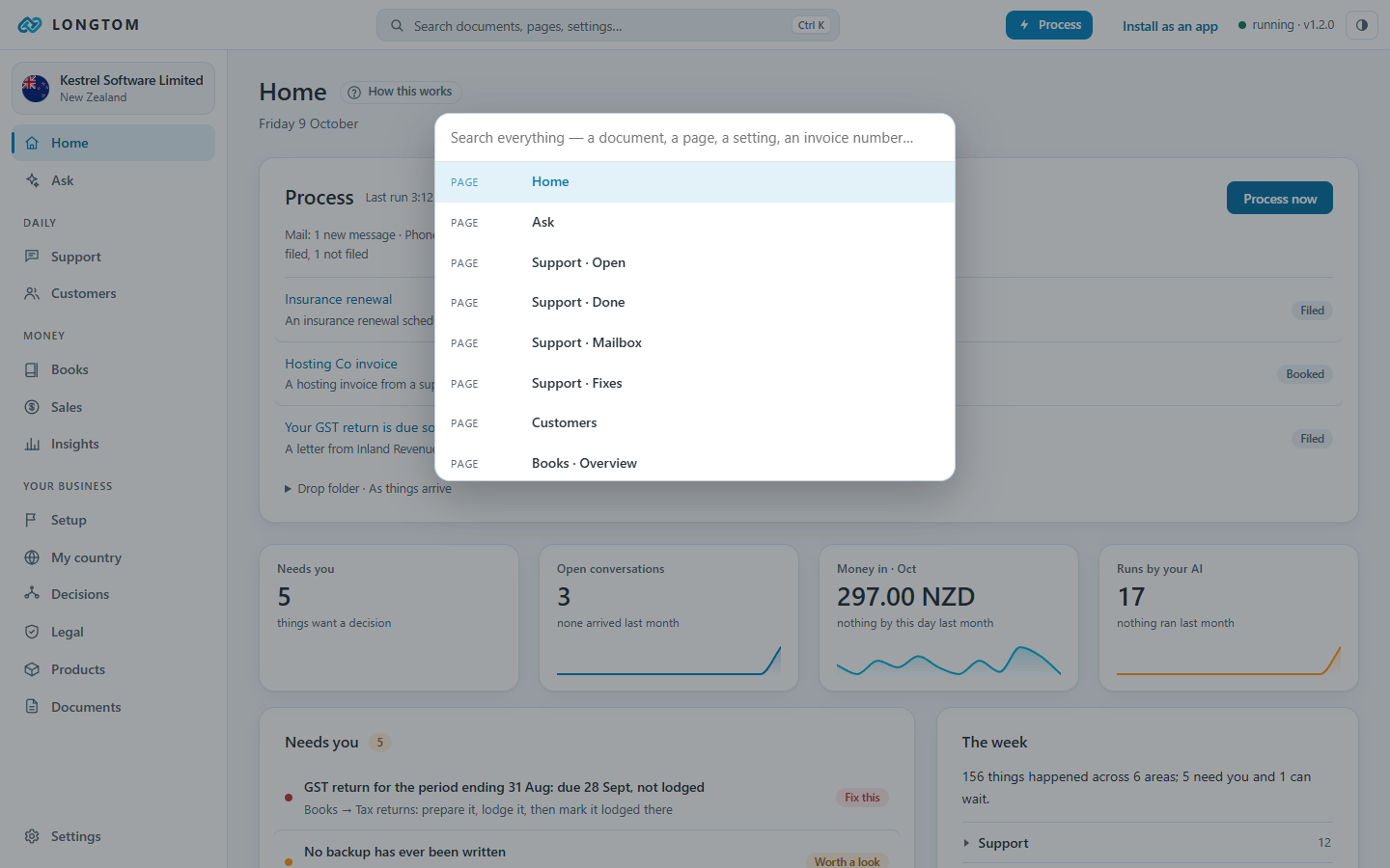 Search across documents, pages and settings