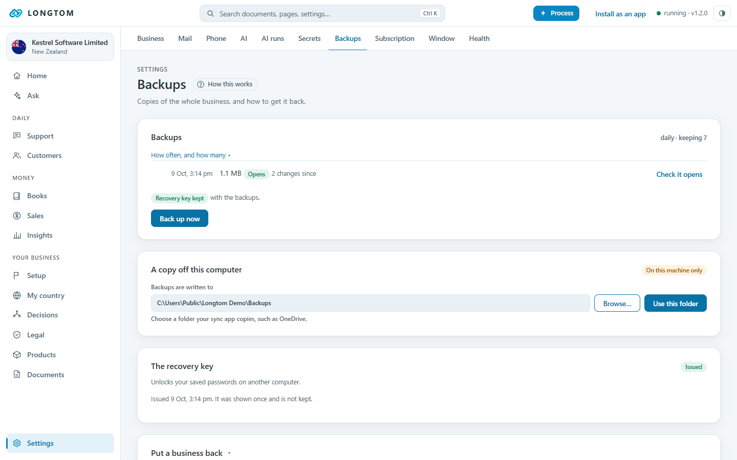 Settings, Backups