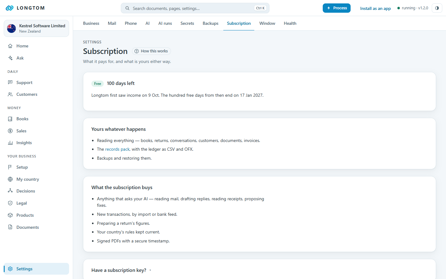 Settings, Subscription