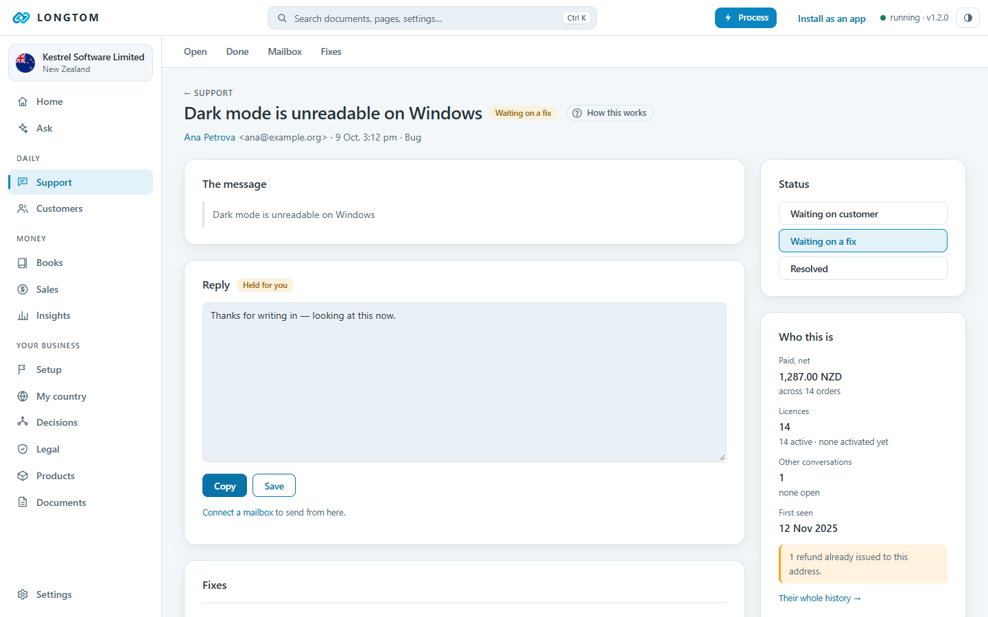 One ticket: the message, the drafted reply and who the customer is